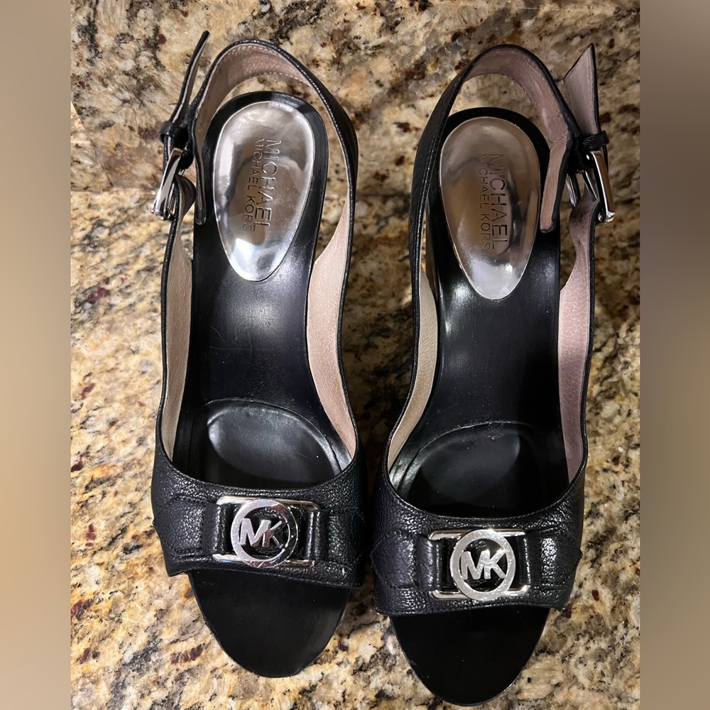 Michael Kors Black leather,  wood wedge with silver studs. Size 8